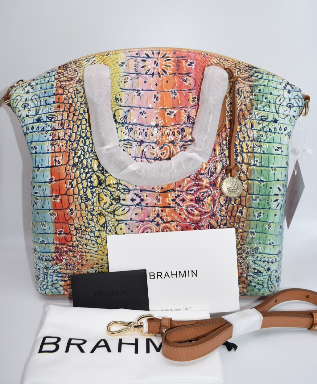 Brahmin Large Duxbury Satchel Bag in Multi Bandana Pink Lemon Standard