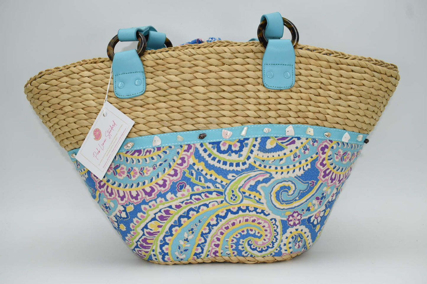 Vera Bradley Large Straw Tote Bag in Capri Blue with Seashell Trim