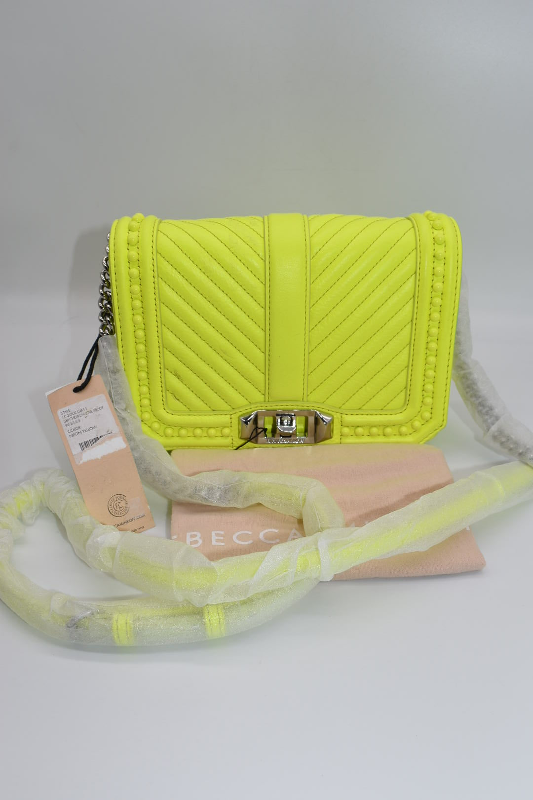 Rebecca Minkoff Chevron Quilted Small Love Crossbody Bag  with Studs in Neon Yellow