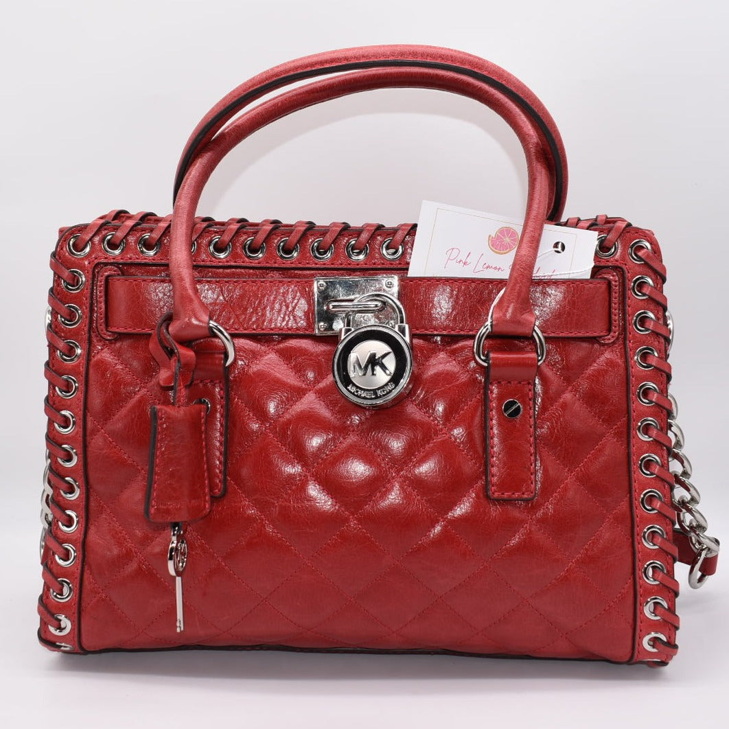 Michael Kors Hamilton Hippie Grommet Dark Red Quilted Leather Satchel Bag