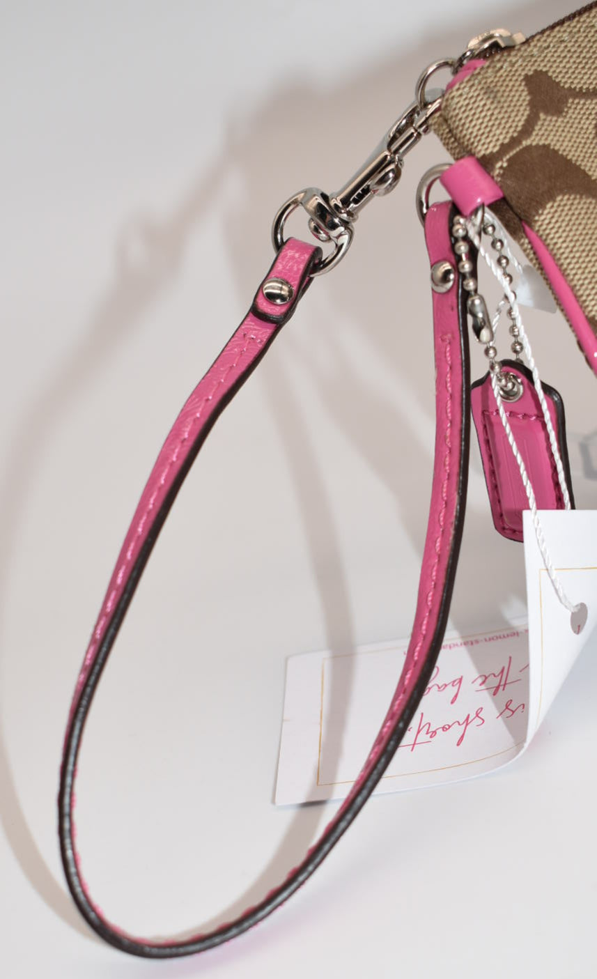 Coach Signature Stripe Canvas Wristlet in Pink & Tan