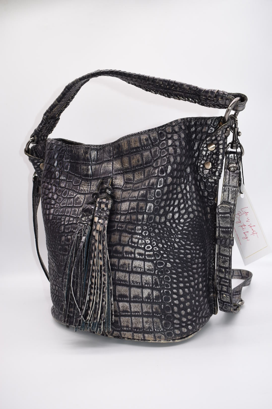 Patricia Nash Otavia Bucket Crossbody Bag in Embossed Metallic Reptile Pink Lemon Standard