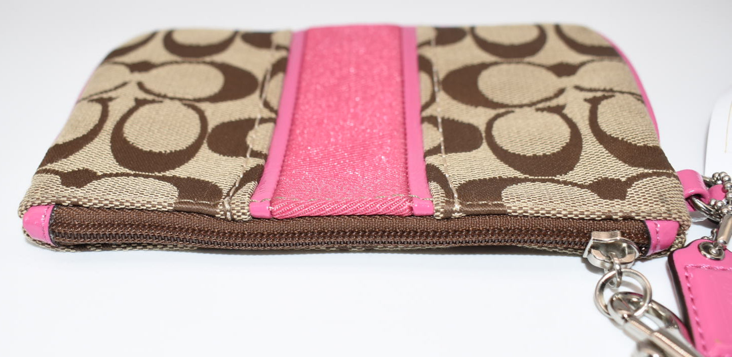 Coach Signature Stripe Canvas Wristlet in Pink & Tan