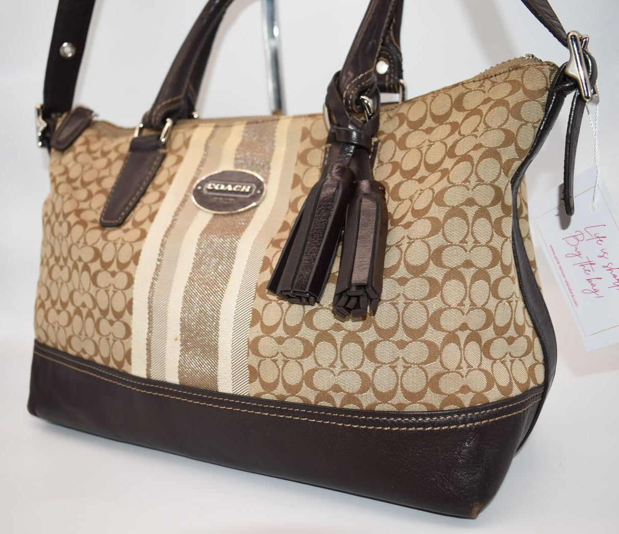 Coach Signature Stripe East West Satchel Bag in Khaki & Brown