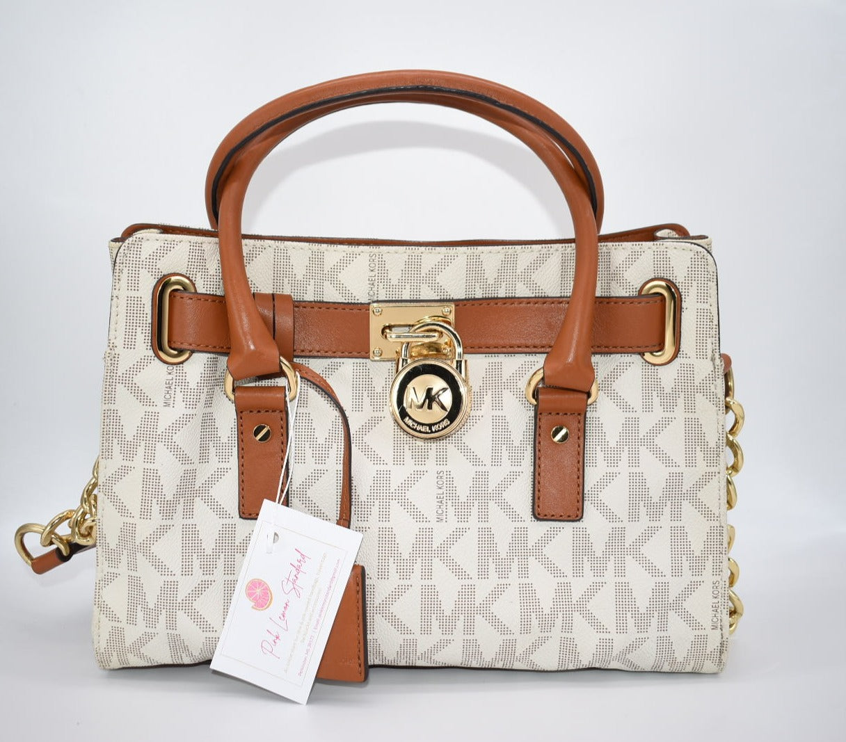 Michael Kors Hamilton Signature Logo Medium Satchel Bag in Vanilla