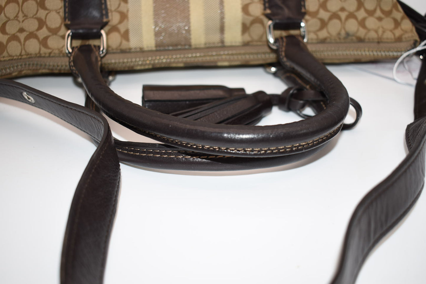 Coach Signature Stripe East West Satchel Bag in Khaki & Brown