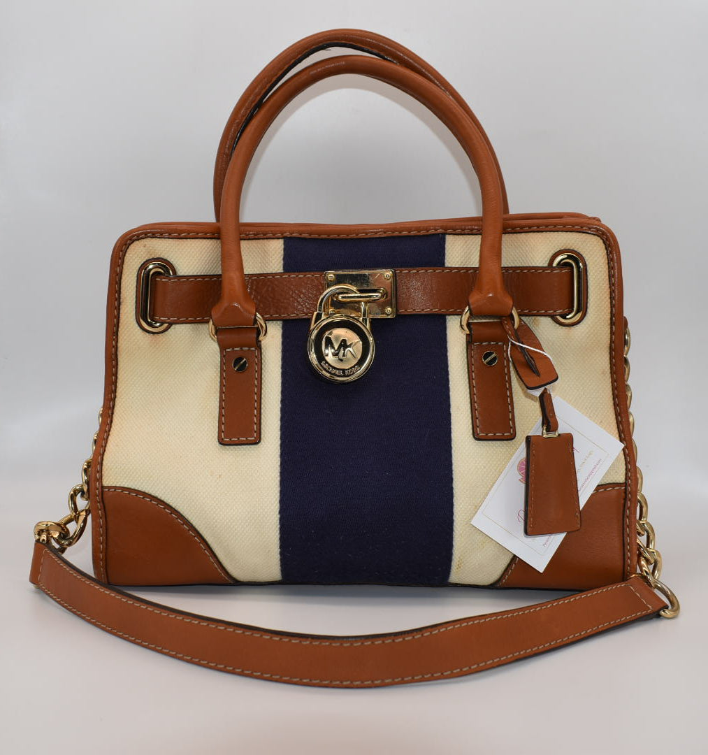 Michael Kors Hamilton Mono Stripe Satchel Bag in Navy & Cream