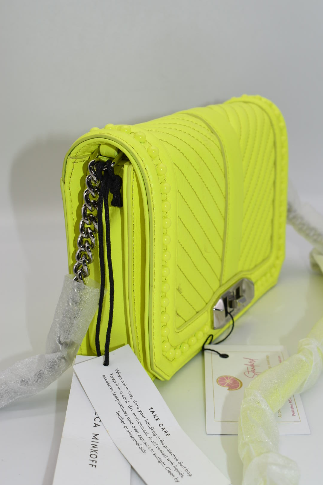 Rebecca Minkoff Chevron Quilted Small Love Crossbody Bag  with Studs in Neon Yellow