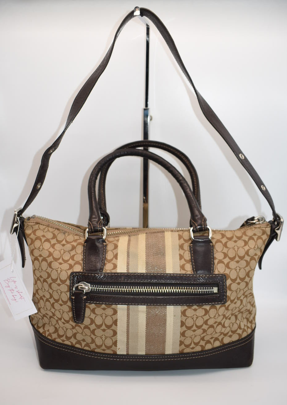 Coach Signature Stripe East West Satchel Bag in Khaki & Brown