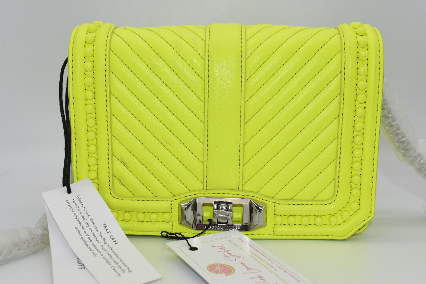 Rebecca Minkoff Chevron Quilted Small Love Crossbody Bag  with Studs in Neon Yellow