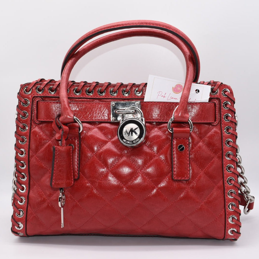 Michael Kors Hamilton Hippie Grommet Dark Red Quilted Leather Satchel Bag