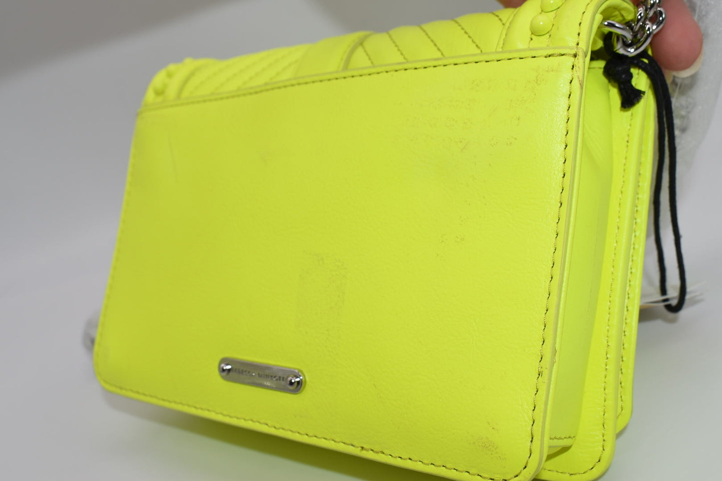 Rebecca Minkoff Chevron Quilted Small Love Crossbody Bag  with Studs in Neon Yellow