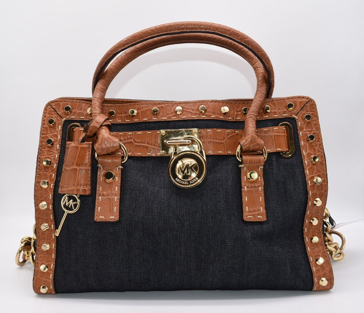 Michael Kors Hamilton Studded Dark Denim Satchel Bag with Croc Empbossed