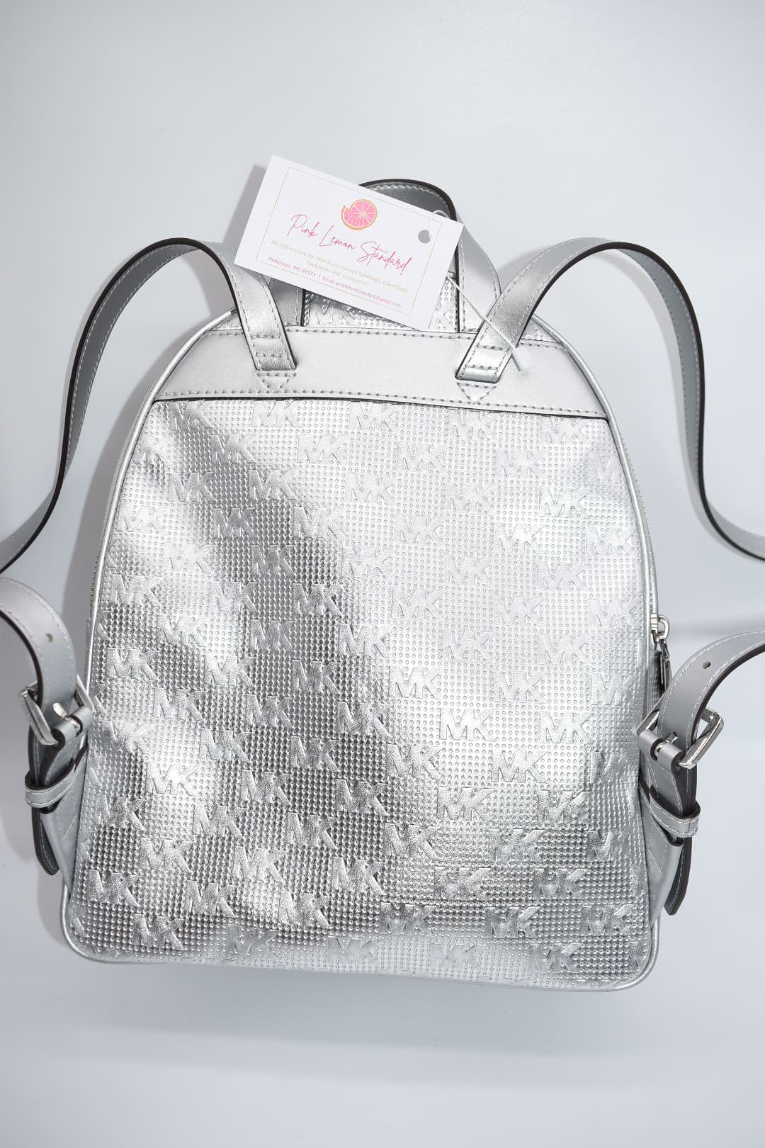 Michael Kors Medium Brooklyn Metallic Silver Backpack Pink Lemon Standard