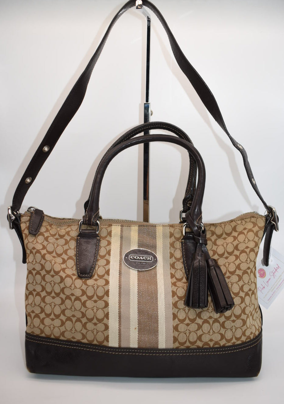 Coach Signature Stripe East West Satchel Bag in Khaki & Brown