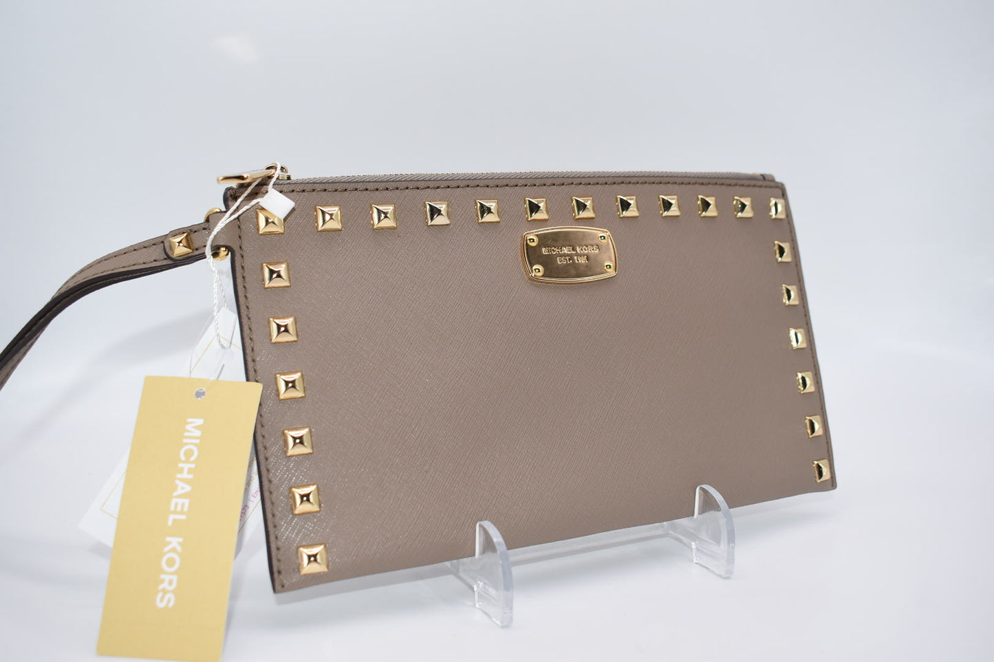 Michael Kors Studded Saffiano Leather Clutch in Taupe