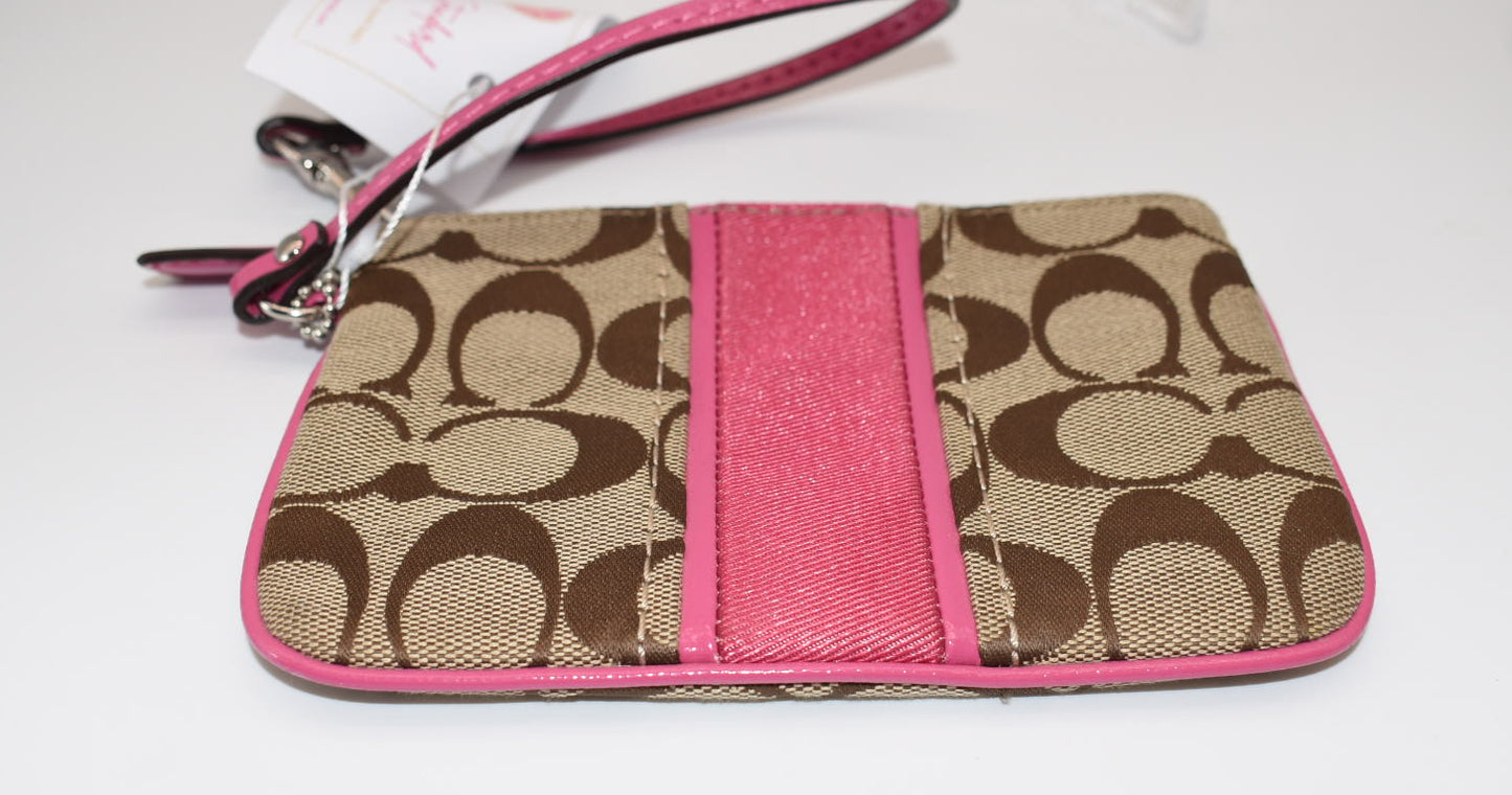 Coach Signature Stripe Canvas Wristlet in Pink & Tan