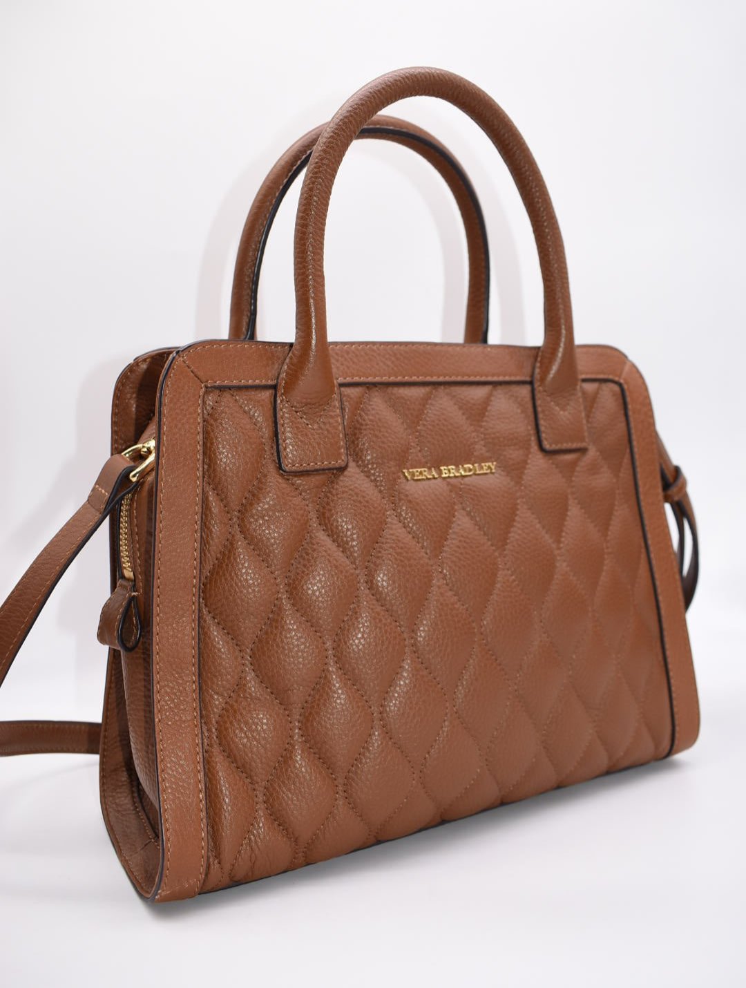 Vera Bradley Natalie Quilted Leather Satchel Bag in Cognac Brown Sycamore