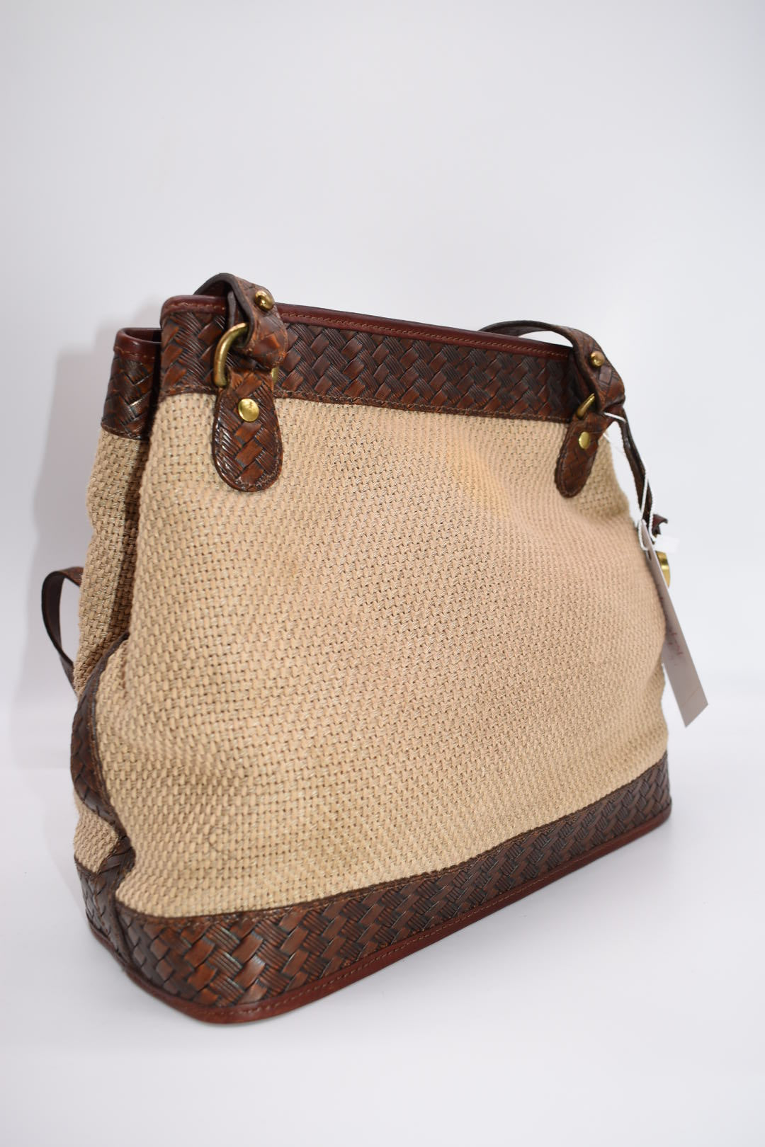 Brahmin Leather & Natural Canvas Tote Bag