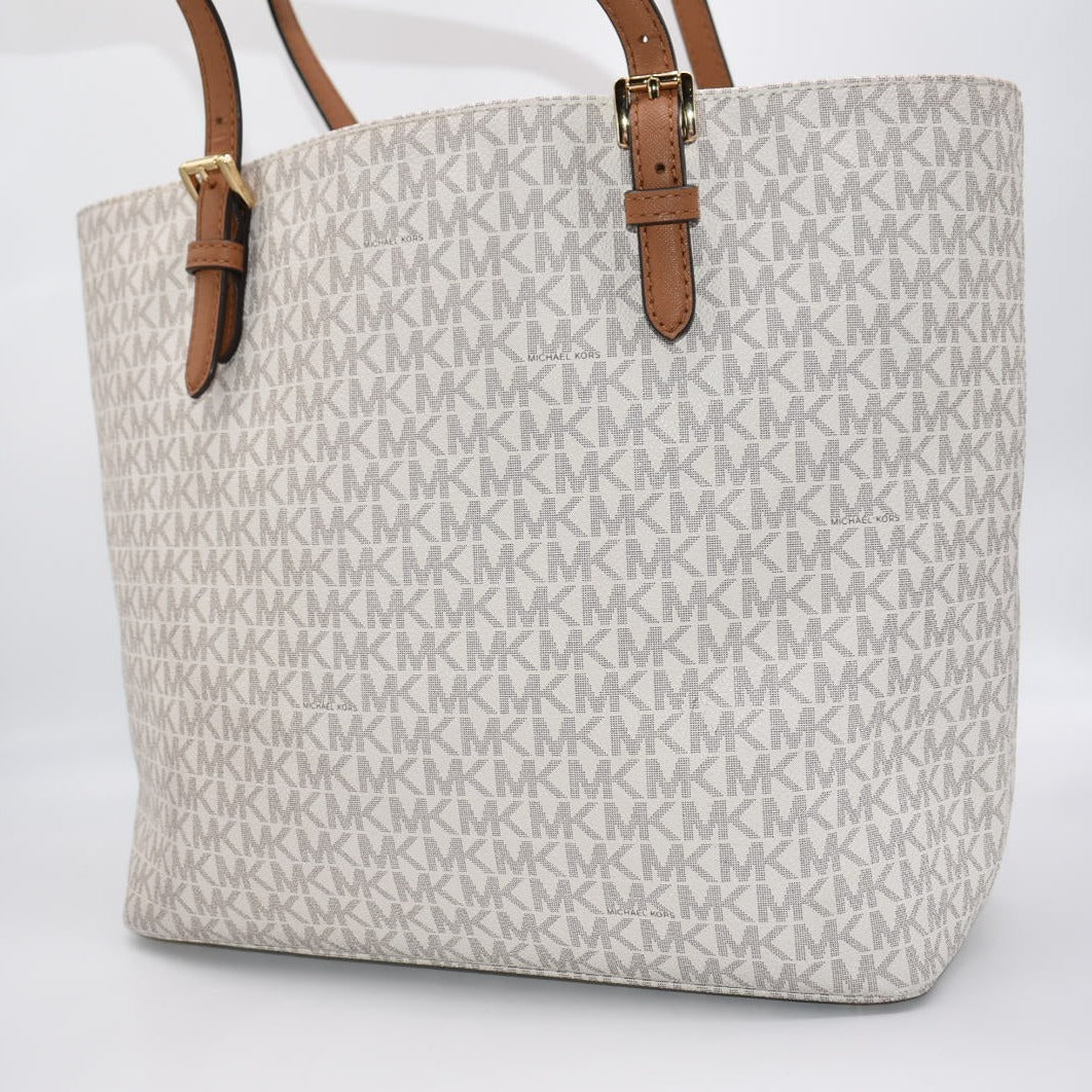 Michael Kors Medium Jet Set Logo Pocket Tote Bag in Vanilla Acorn