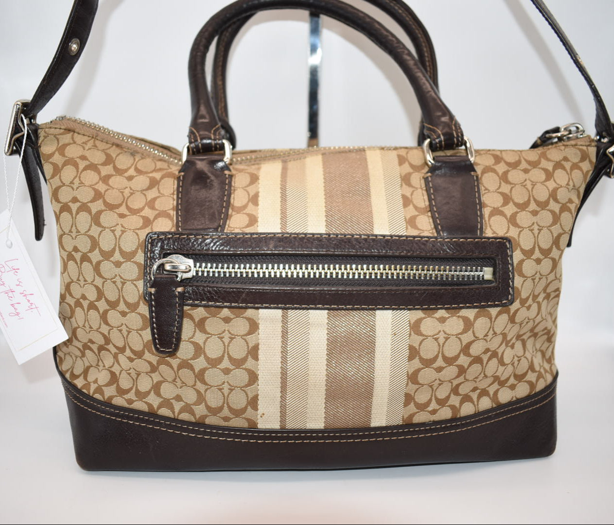 Coach Signature Stripe East West Satchel Bag in Khaki & Brown