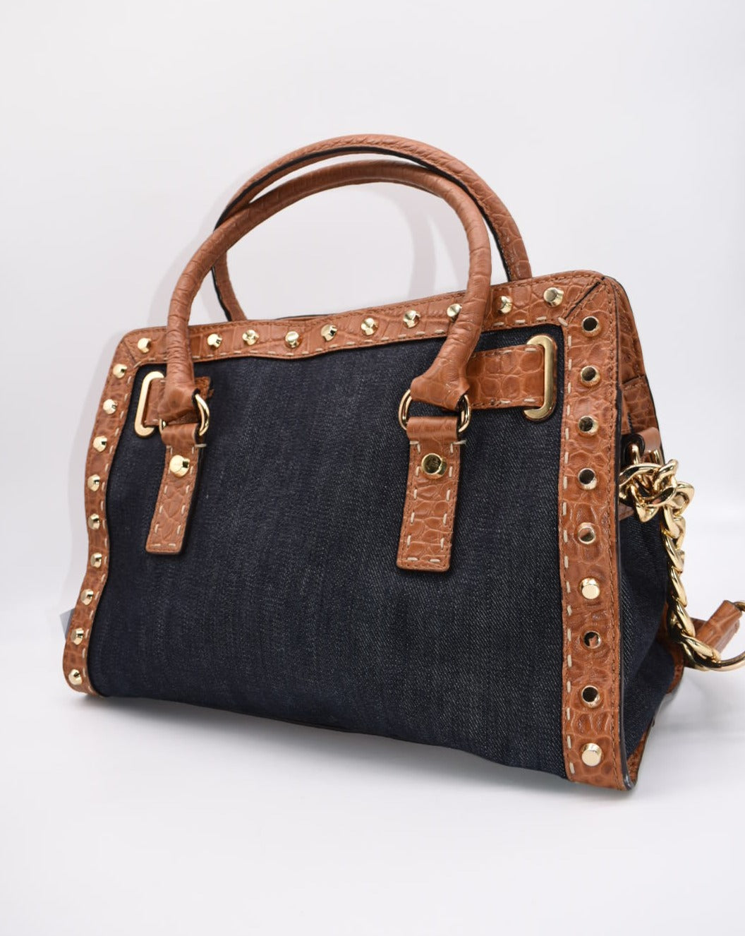 Michael Kors Hamilton Studded Dark Denim Satchel Bag with Croc Empbossed