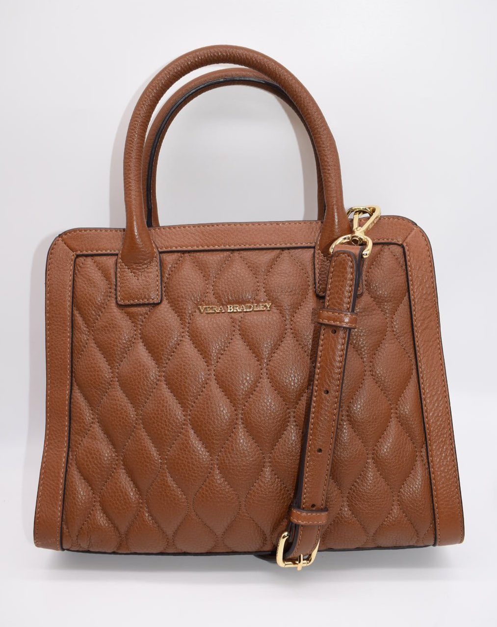 Vera Bradley Natalie Quilted Leather Satchel Bag in Cognac Brown Sycamore