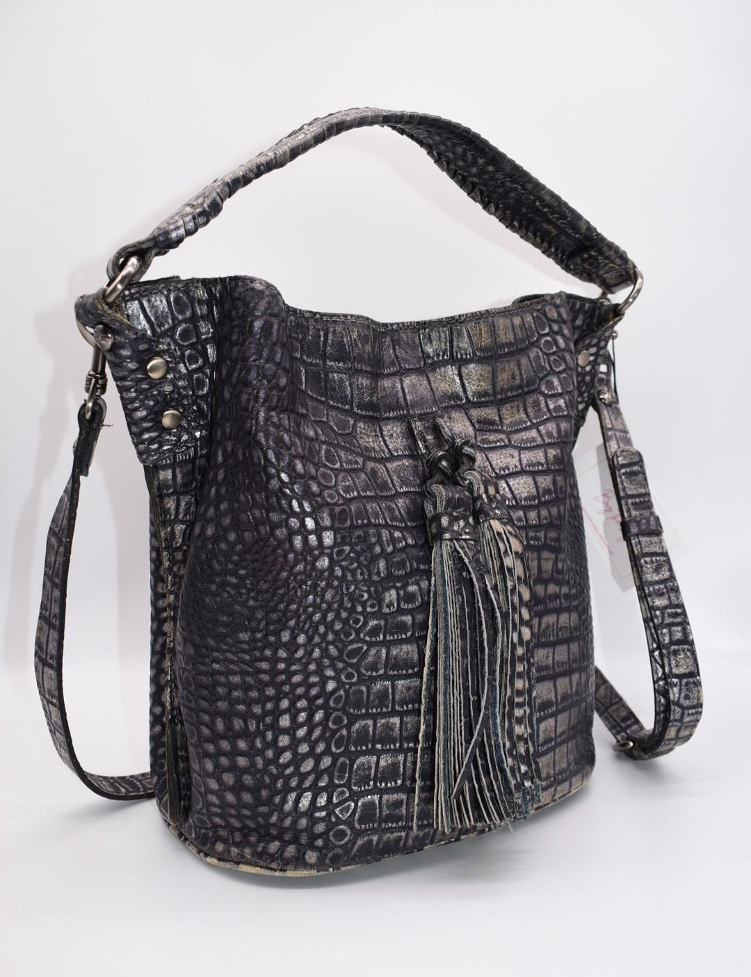 Patricia Nash Otavia Bucket Crossbody Bag in Embossed Metallic Reptile