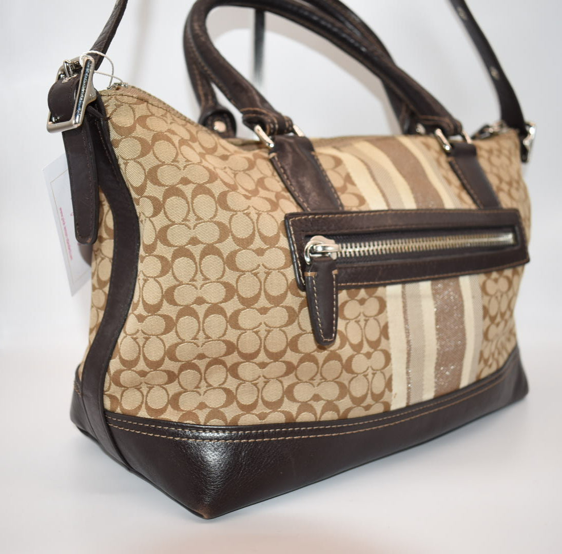 Coach Signature Stripe East West Satchel Bag in Khaki & Brown