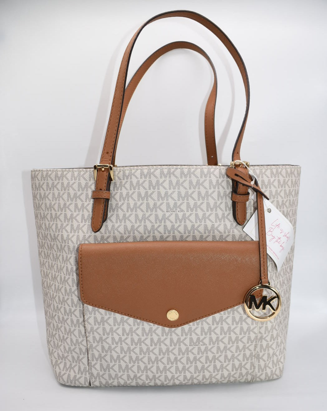 Michael Kors Medium Jet Set Logo Pocket Tote Bag in Vanilla Acorn