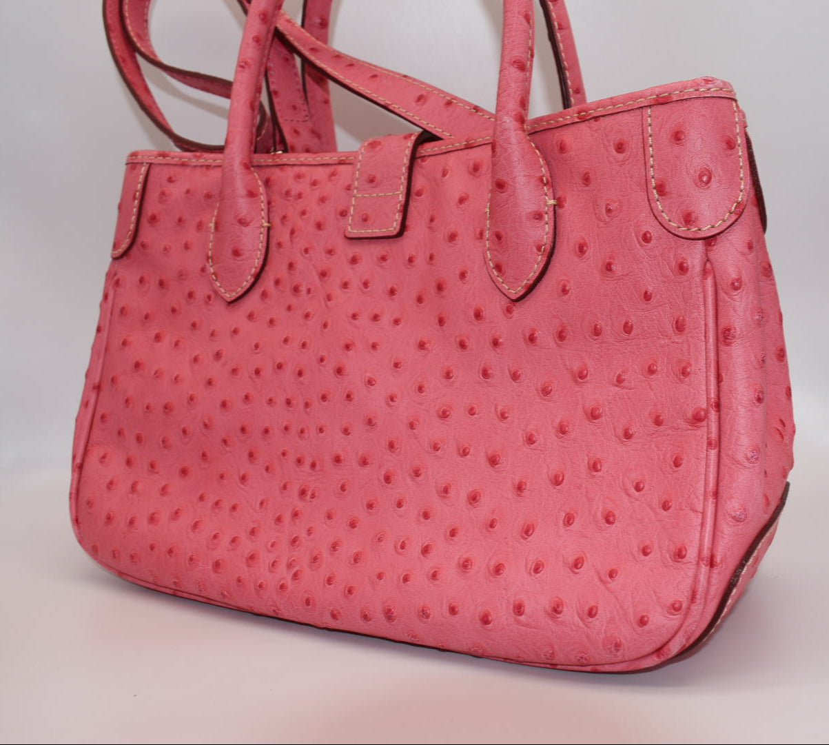 Dooney & Bourke Ostrich Leather Small Double Handle Satchel Bag in Hot Pink