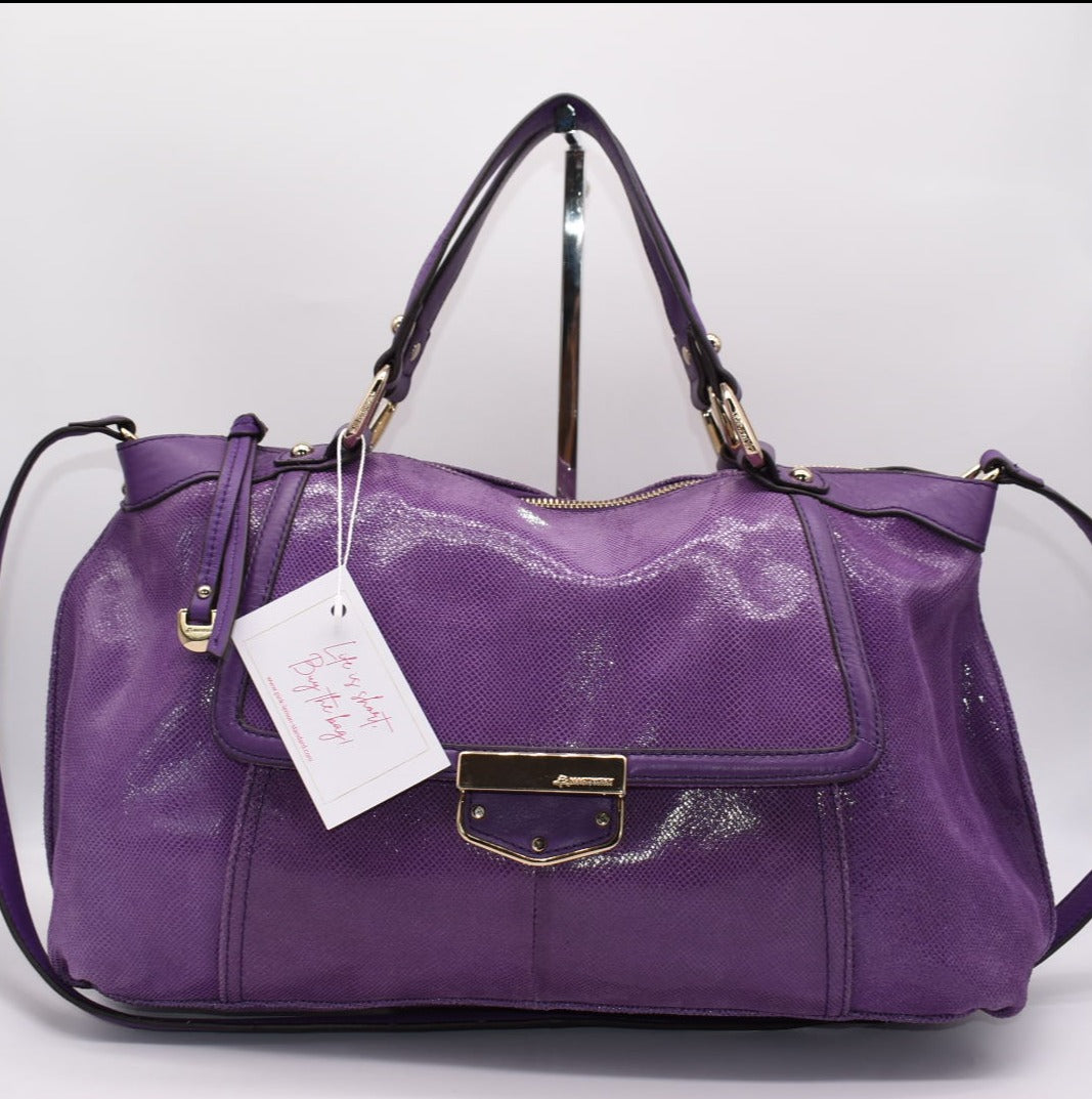 B. Makowsky Lombard Purple Snake Embossed Top Handle Satchel Bag