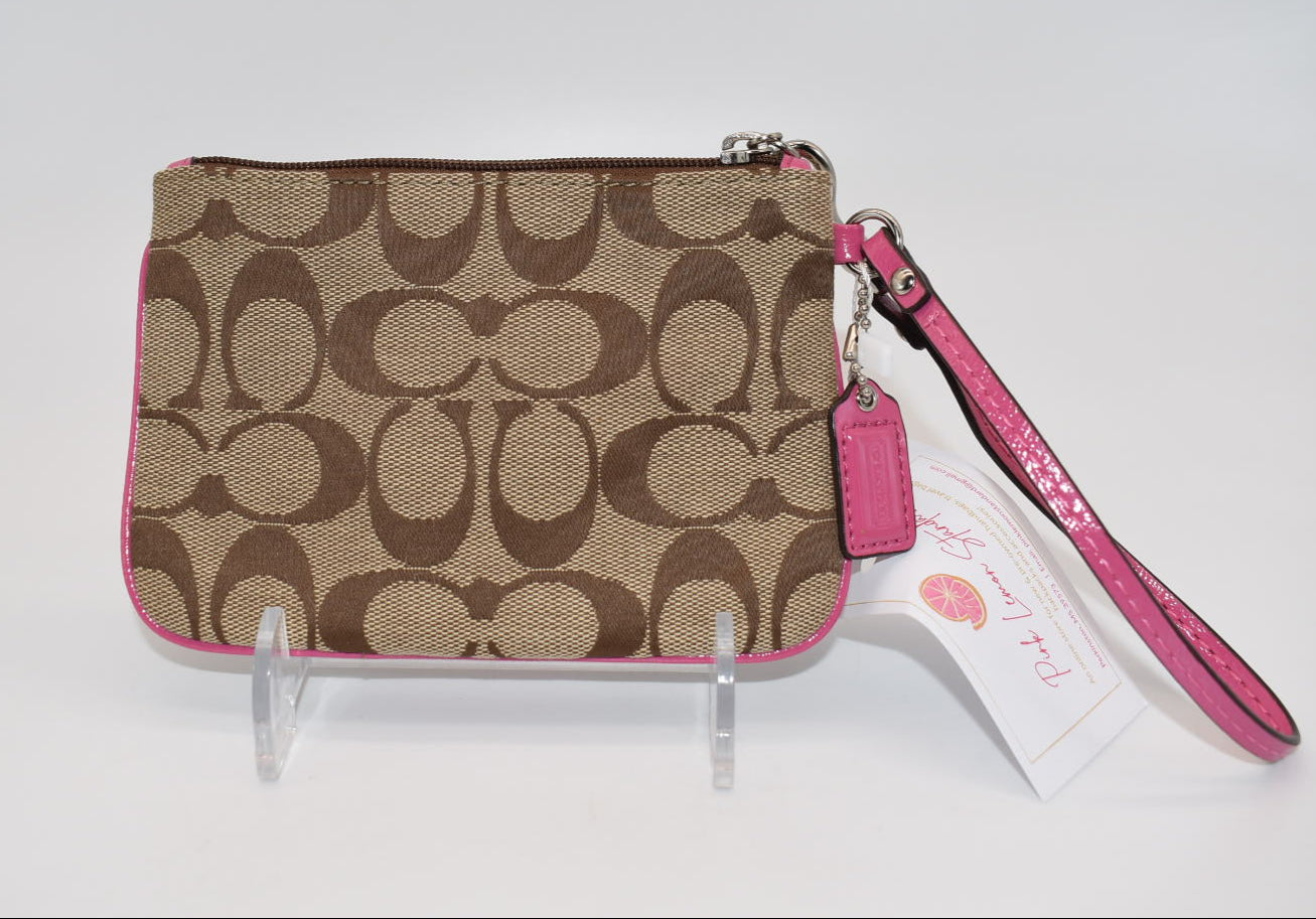 Coach Signature Stripe Canvas Wristlet in Pink & Tan