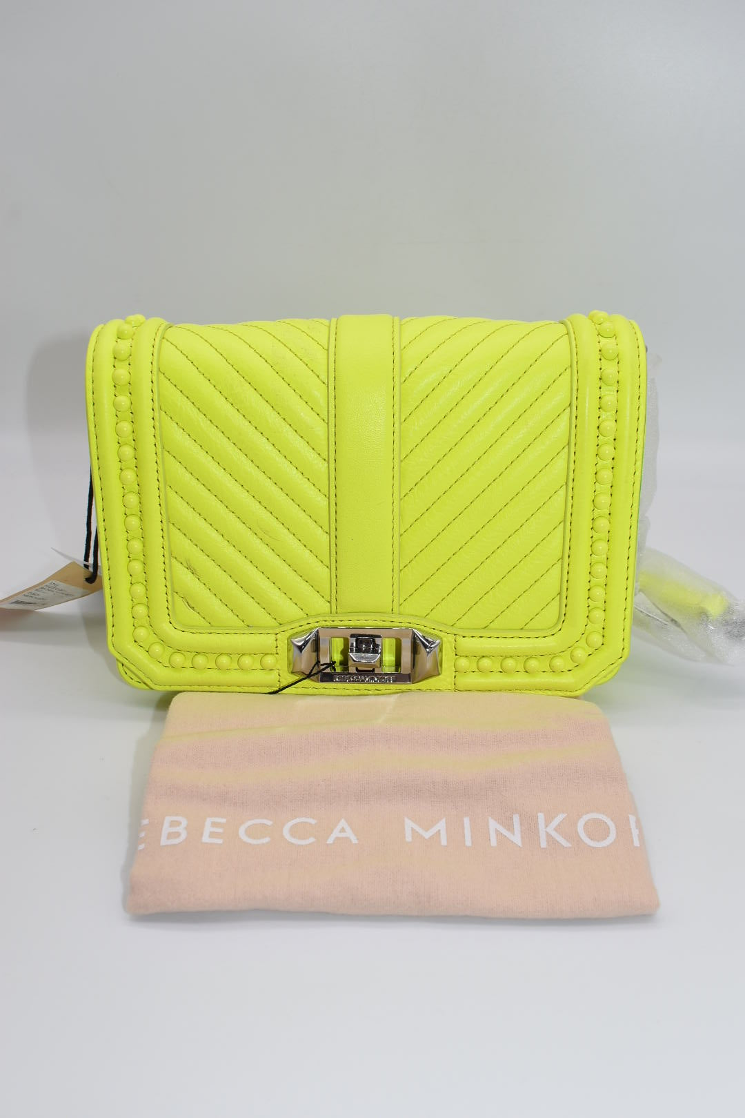 Rebecca Minkoff Chevron Quilted Small Love Crossbody Bag  with Studs in Neon Yellow