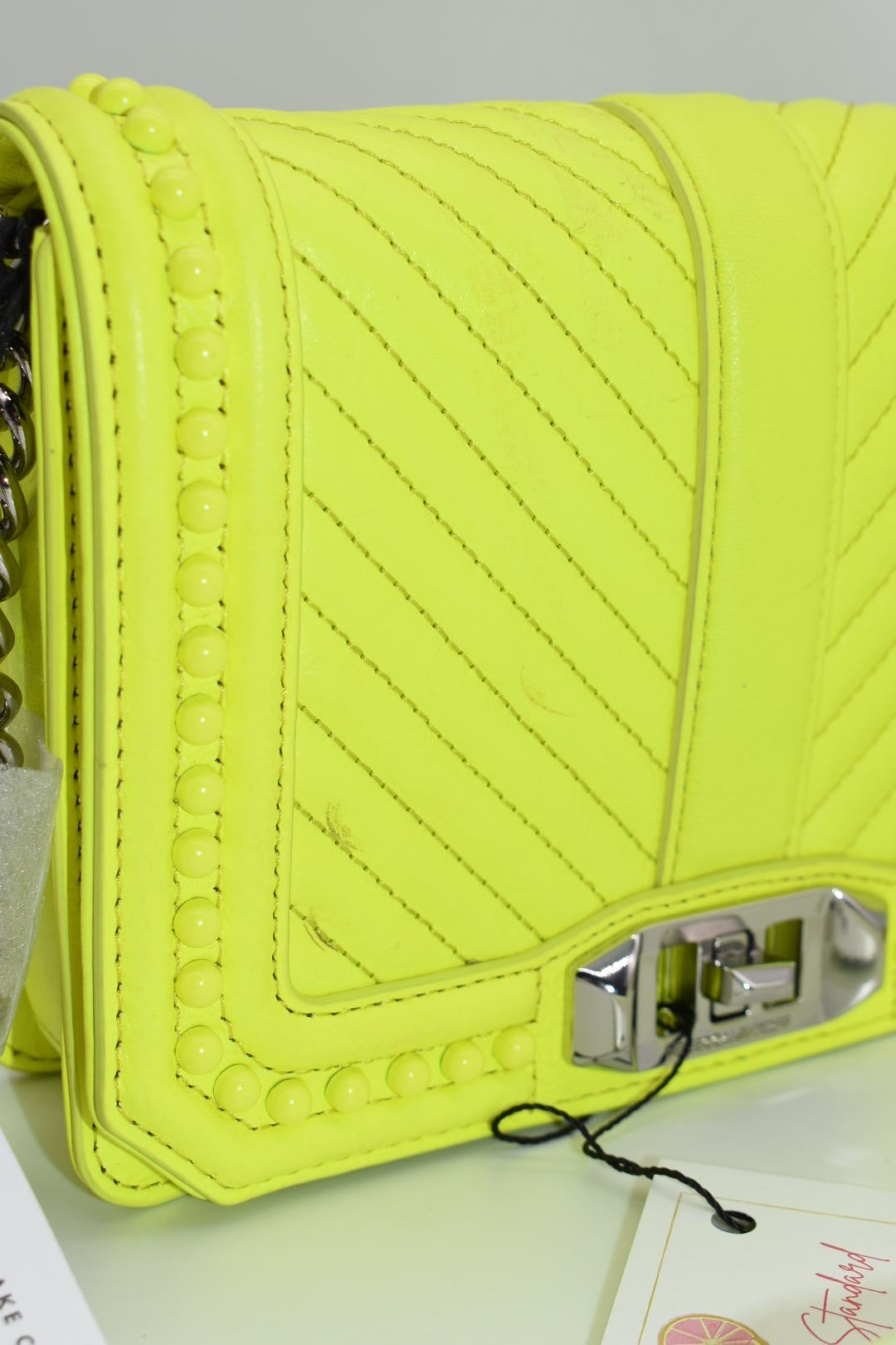 Rebecca Minkoff Chevron Quilted Small Love Crossbody Bag  with Studs in Neon Yellow