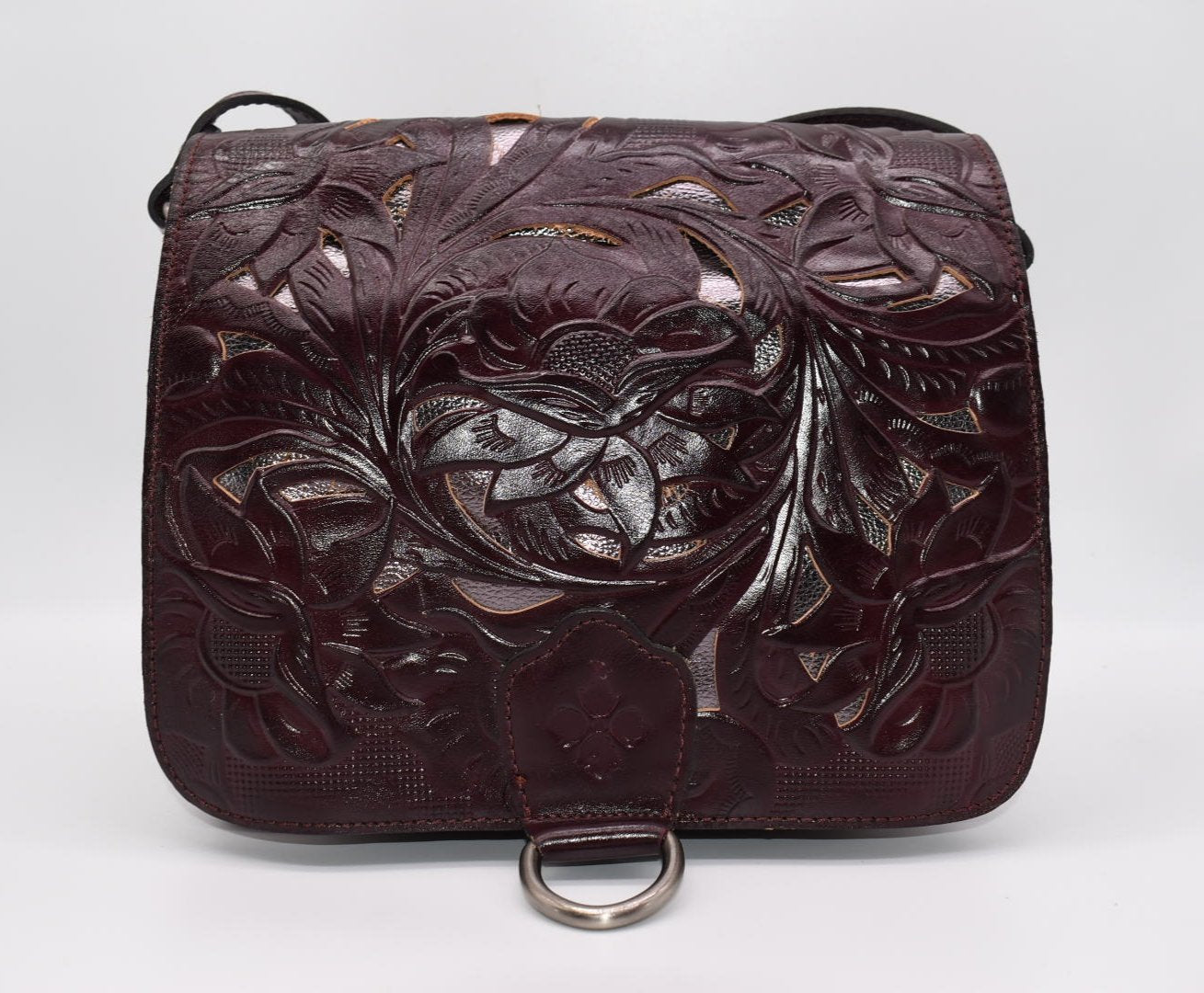 Patricia Nash Ilina Cut Out Tooled Leather Flap Crossbody in Plum