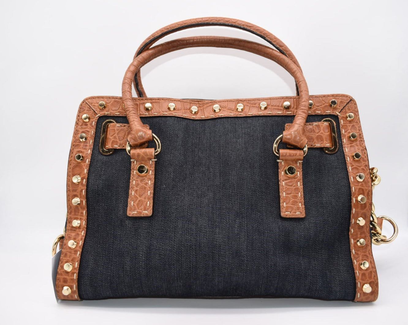 Michael Kors Hamilton Studded Dark Denim Satchel Bag with Croc Empbossed