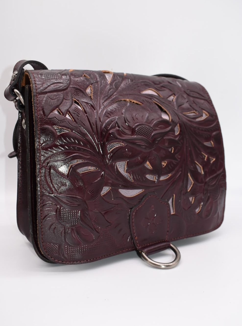 Patricia Nash Ilina Cut Out Tooled Leather Flap Crossbody in Plum