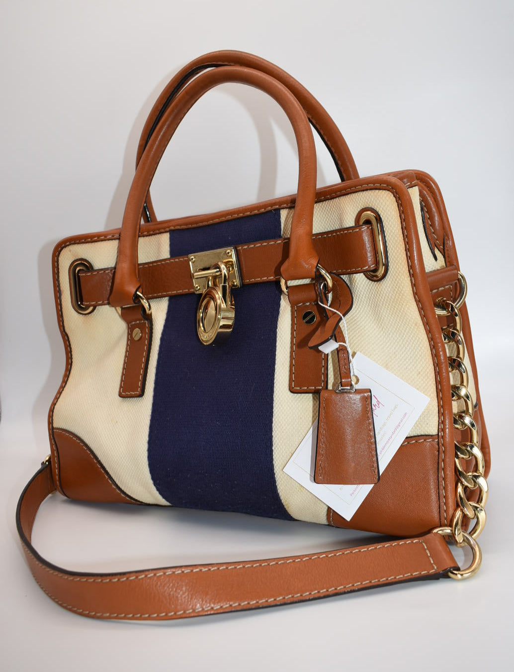 Michael Kors Hamilton Mono Stripe Satchel Bag in Navy & Cream