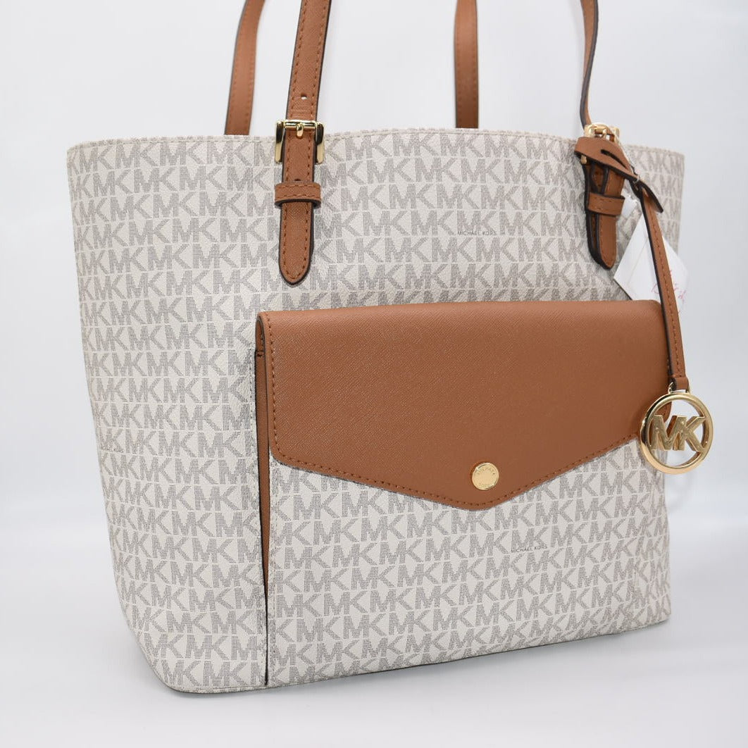 Michael Kors Medium Jet Set Logo Pocket Tote Bag in Vanilla Acorn