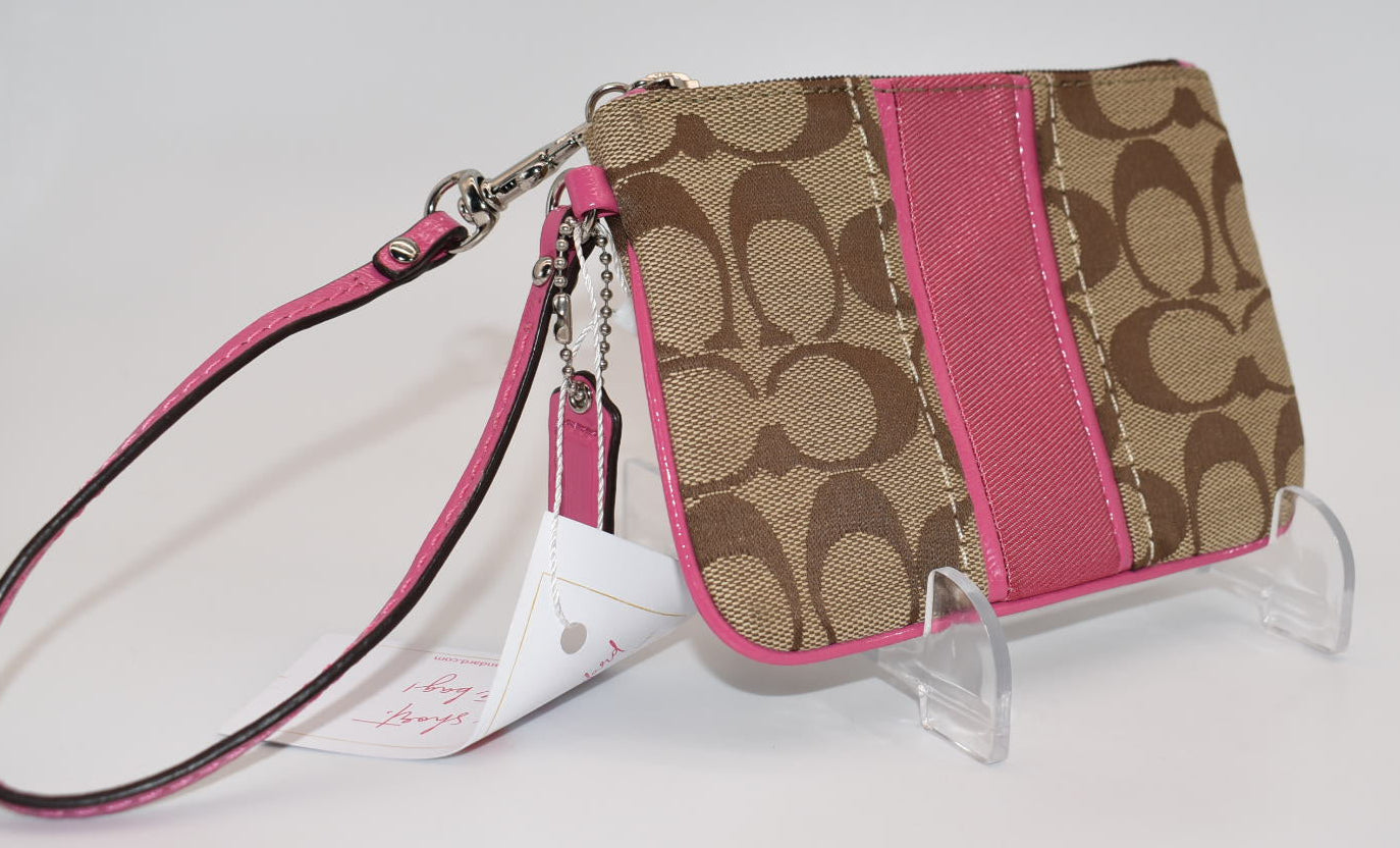 Coach Signature Stripe Canvas Wristlet in Pink & Tan