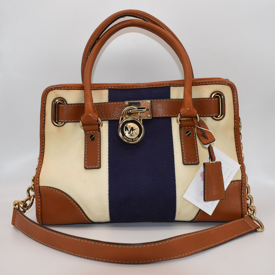 Michael Kors Hamilton Mono Stripe Satchel Bag in Navy & Cream