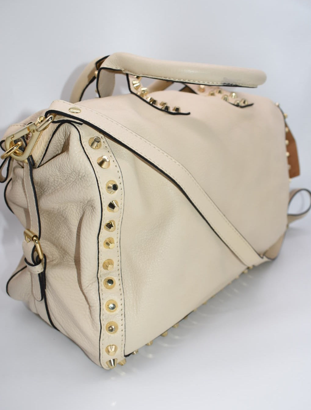 Clever Carriage Company Leather Studded Buckle Satchel Bag in Ivory