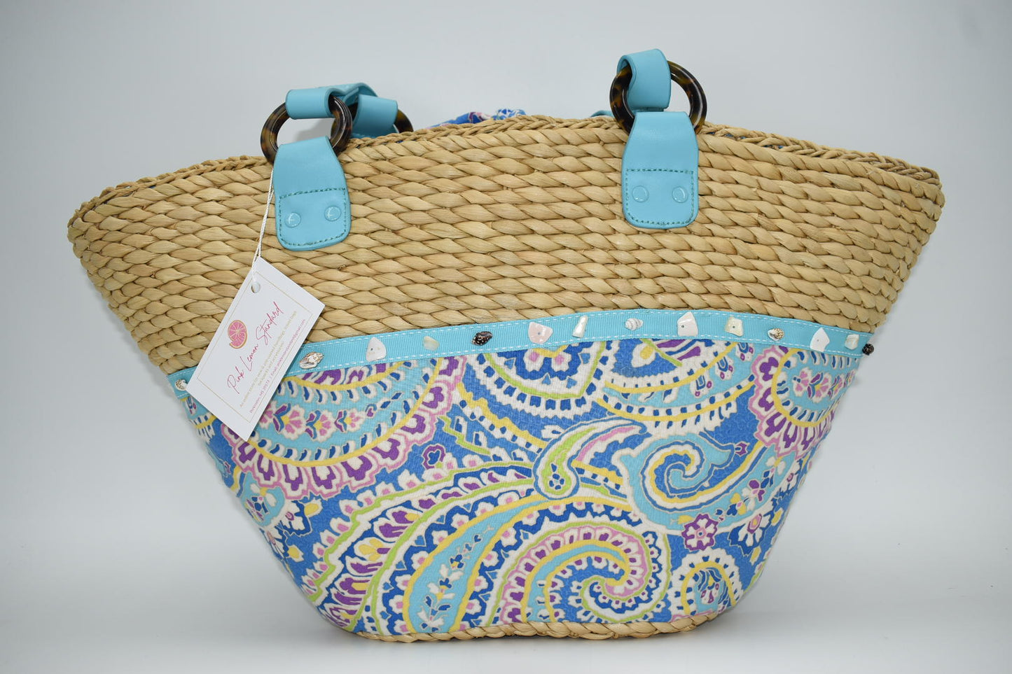 Vera Bradley Large Straw Tote Bag in Capri Blue with Seashell Trim