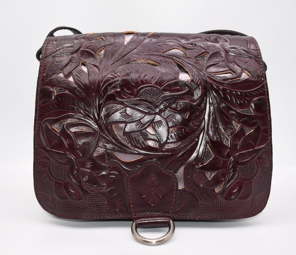 Patricia Nash Ilina Cut Out Tooled Leather Flap Crossbody in Plum