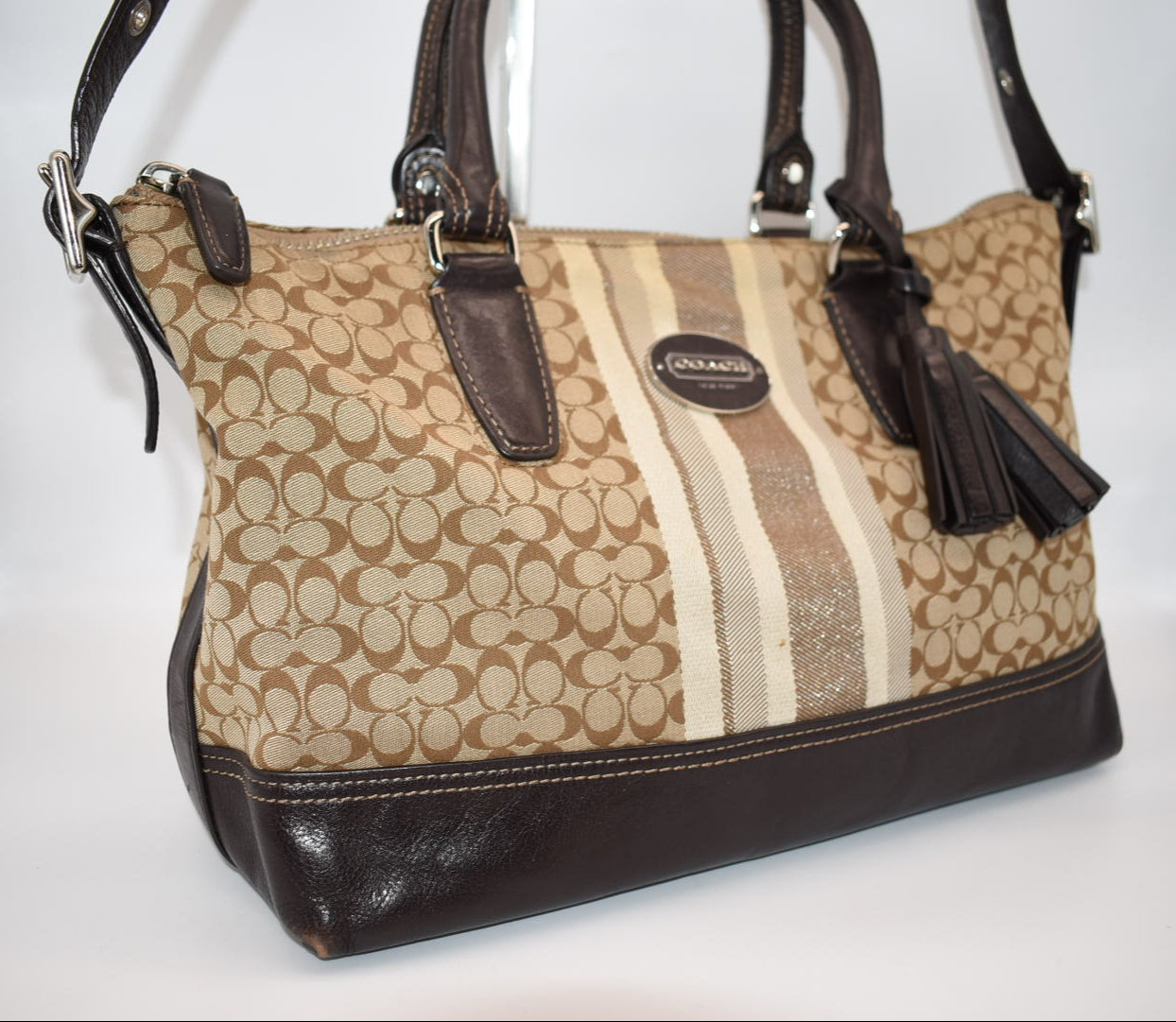 Coach Signature Stripe East West Satchel Bag in Khaki & Brown