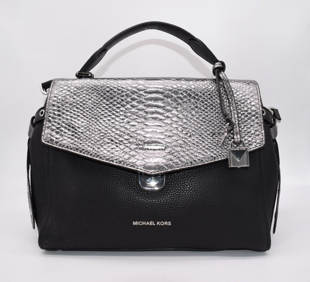 Michael Kors Bristol Medium Satchel Bag in Black & Pewter