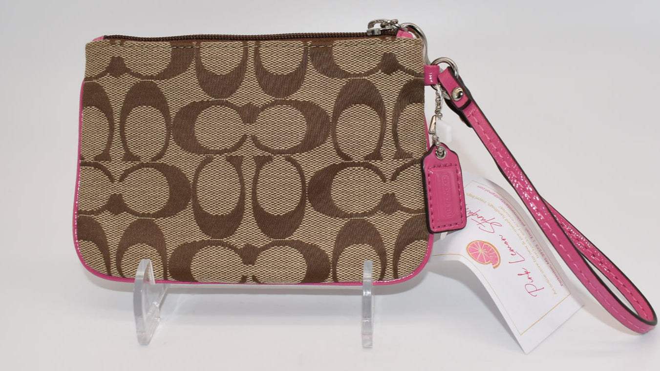 Coach Signature Stripe Canvas Wristlet in Pink & Tan