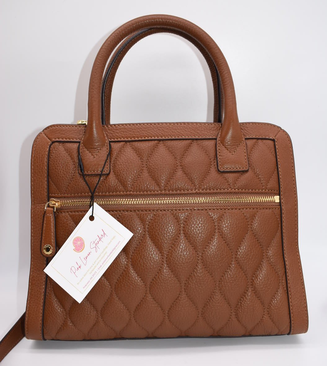 Vera Bradley Natalie Quilted Leather Satchel Bag in Cognac Brown Sycamore