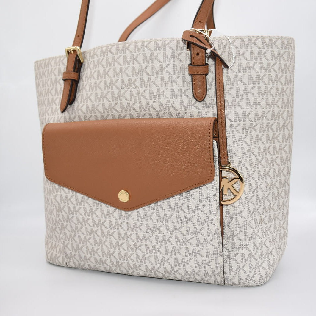 Michael Kors Medium Jet Set Logo Pocket Tote Bag in Vanilla Acorn